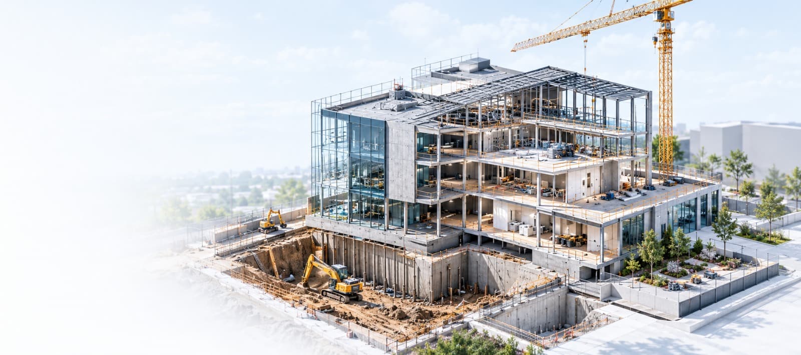 Cutaway view of a commercial building under construction, with a tower crane and excavators on site